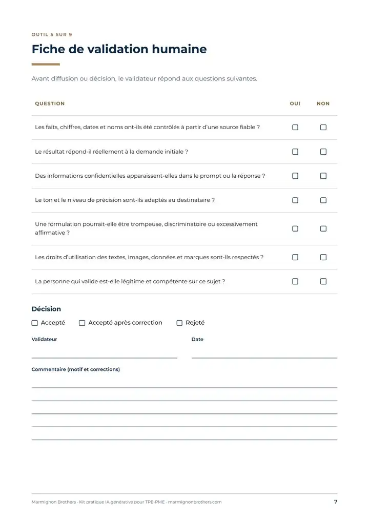 Aperçu du kit : fiche de validation humaine à cocher