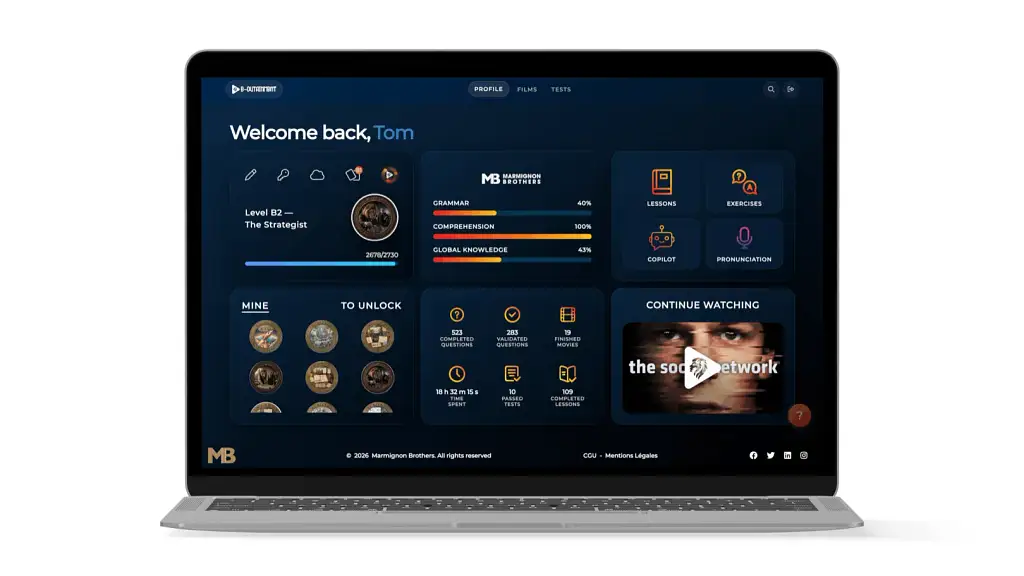 Learning platform dashboard showing level, progress indicators and recommended next activities
